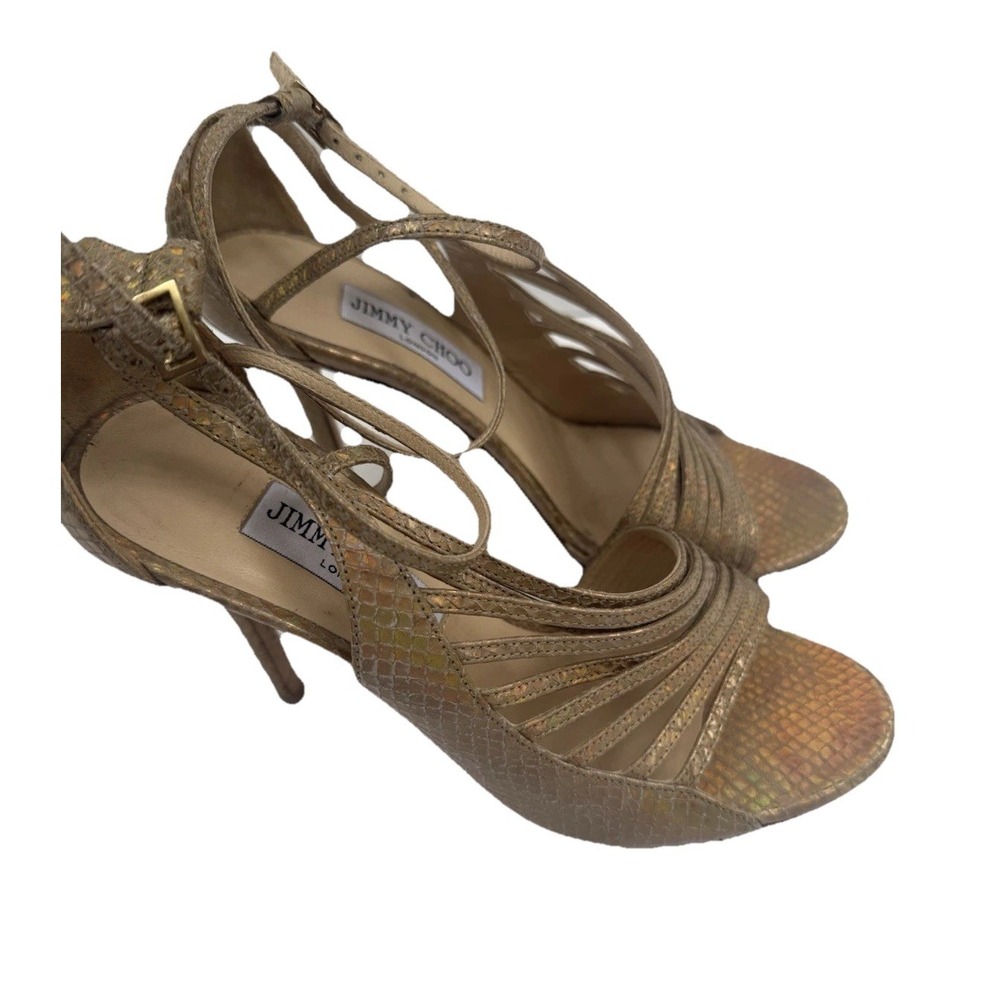Jimmy Choo Gold Metallic Iridescent Strappy Heels 37.5 US 7.5 Ankle Strap
